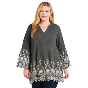 Style & Co. Gray Embroidered Tunic Bell Sleeves Buttoned V-Neck